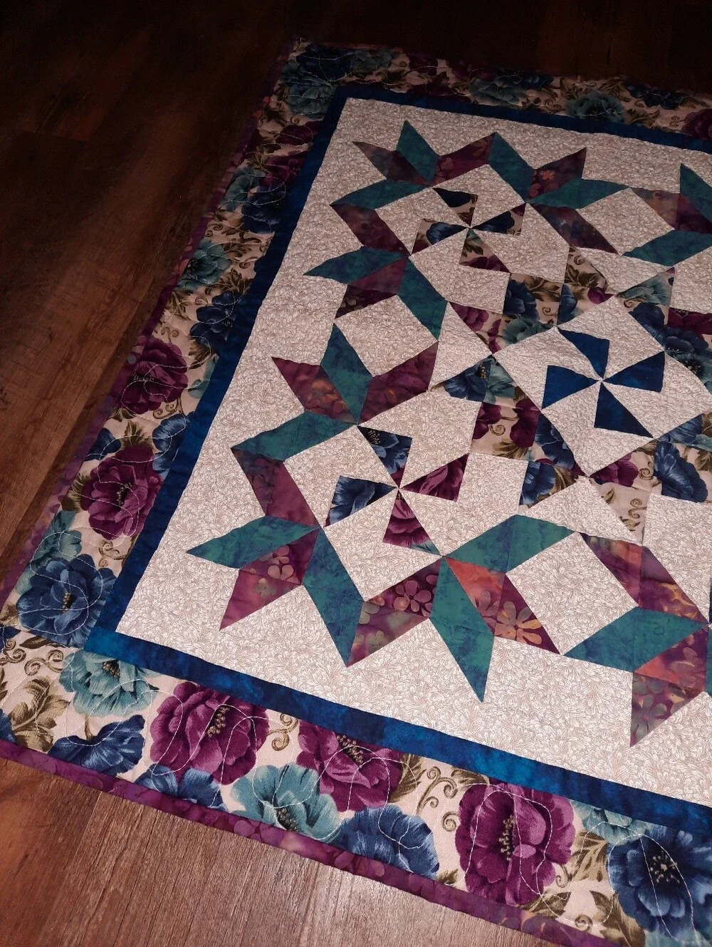 Handmade  Patchwork Wall Quilt in Teal, Purple, and Cream